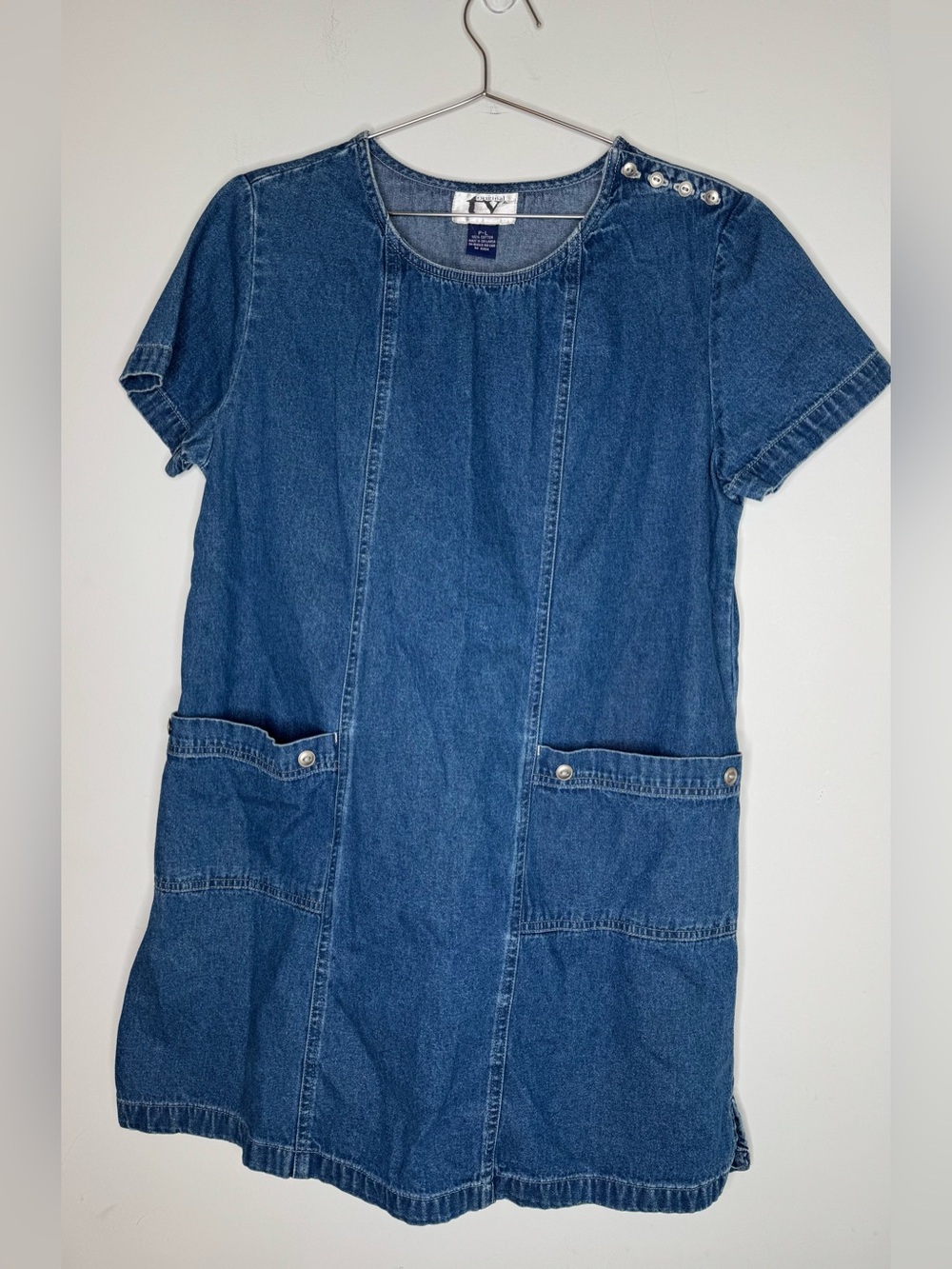 Vintage Size Petite Large Blue Cotton Denim Women’s Short Sleeve Summer Dress